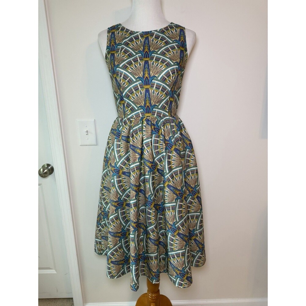 Retrolicious Fit Flare Midi Dress Art Deco Sleeveless Women’s Medium USA Made